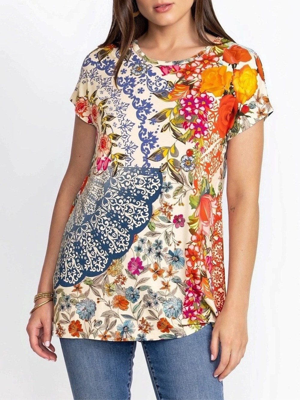 Johnny Was Tango Relaxed Dolman Sleeve Floral Mandala Tunic